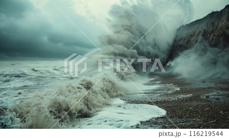 A stormy ocean with large waves crashing against the shore 116219544