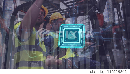 Image of padlock and data processing over diverse workers talking in warehouse Image of padlock and data processing over diverse workers talking in warehouse 116219842