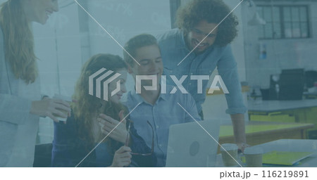 Image of graphs and trading board over diverse coworkers discussing reports on laptop Image of graphs and trading board over diverse coworkers discussing reports on laptop 116219891