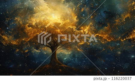 Golden tree connecting with the universe in a surreal sky 116220037