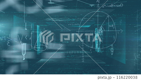 Image of mathematical equations floating over screens with data processing 116220038