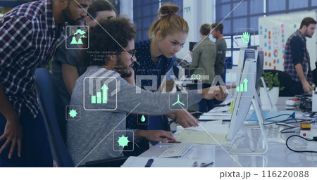 Image of eco icons and data processing over diverse business people in office Image of eco icons and data processing over diverse business people in office 116220088