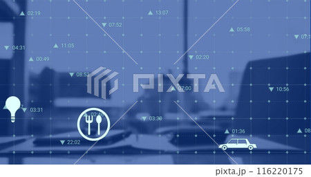 Image of multiple digital icons over grid network against office desk Image of multiple digital icons over grid network against office desk 116220175
