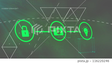 Image of data processing and shapes over network of connections with icons 116220246