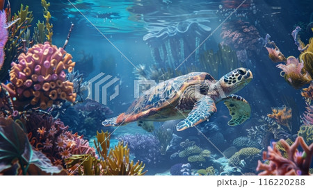 Sea Turtle Swimming Over Vibrant Coral Reef 116220288