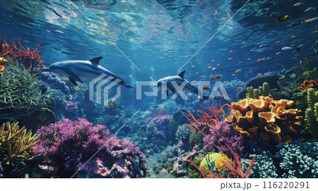 Two dolphins swimming in a coral reef 116220291