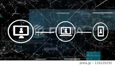 Image of data processing and shapes over network of connections with icons 116220292