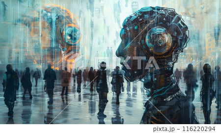 Artificial intelligence is observing people walking in a futuristic city 116220294