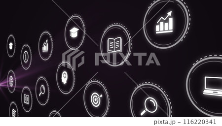 Image of business icons in circles over light trails Image of business icons in circles over light trails 116220341