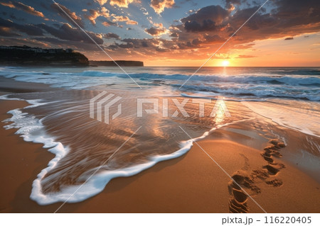 Vibrant sunrise over ocean waves on sandy beachのイラスト素材 [116220405] - PIXTA