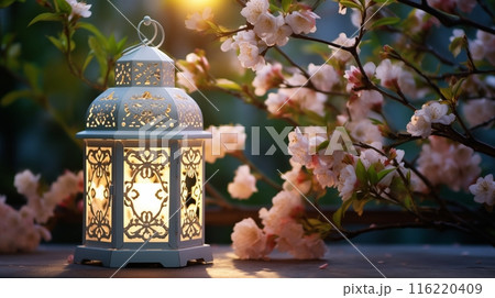 3d paper cut art illustration of lantern for ramadan kareem, eid al fitr and al adha mubarak greeting banner. islamic greeting cover card 116220409