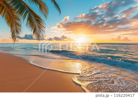 Vibrant sunrise over ocean waves on sandy beachのイラスト素材 [116220417] - PIXTA