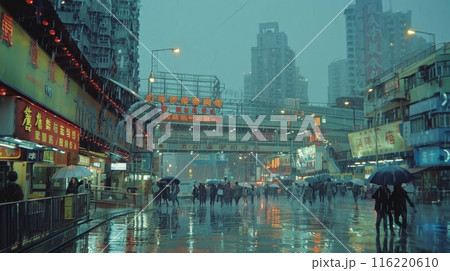 People walking on busy street during rainy night in asian city 116220610