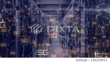 Image of 5g text and data processing over computer servers, copy space 116220611
