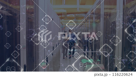 Image of shapes and 6g texts over caucasian workers in server room, copy space 116220624