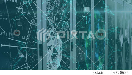 Image of shapes and 6g texts over server room, copy space 116220625