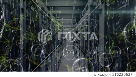 Image of shapes and 6g texts over server room, copy space 116220627