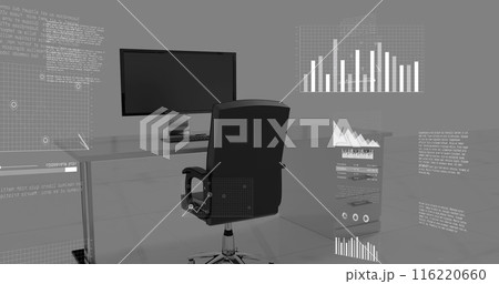 Image of data processing over office desk against grey background 116220660