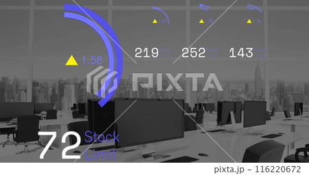 Image of stock market data processing against empty office Image of stock market data processing against empty office 116220672