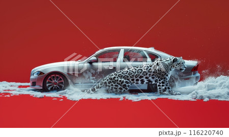 Snow leopard walking near silver car on red background 116220740
