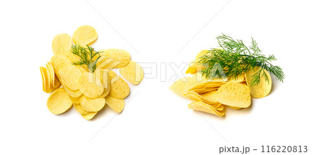 Potato dill chips pile isolated. Crispy thin potato snack heap set, fast food snacks with greens, spices 116220813