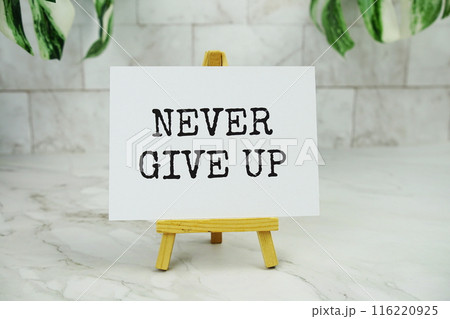 Never Give up text on paper card with wooden easel stand 116220925