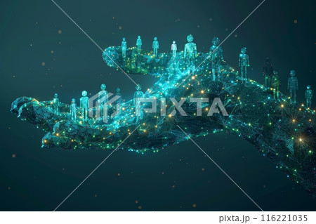 Polygonal hand holding people representing global community and support 116221035