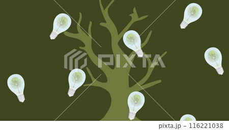 Image of lightbulbs over tree on green background Image of lightbulbs over tree on green background 116221038
