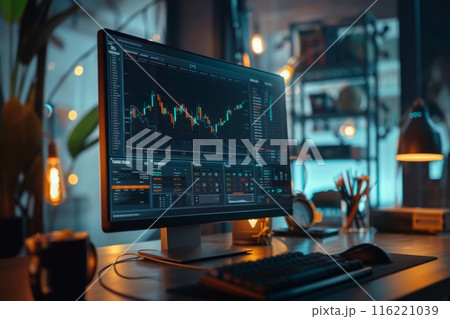 Stock market data displaying on computer screen in office at night 116221039