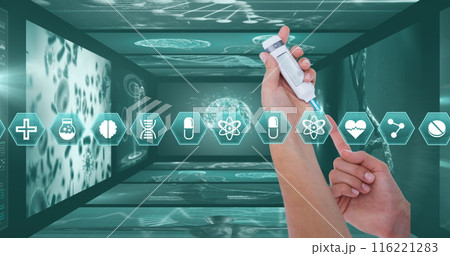 Image of medical icons over patient using glucose meter 116221283