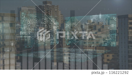 Image of data processing over screens and cityscape 116221292