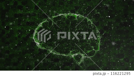 White spots over human brain spinning against green background 116221295