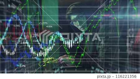 Image of financial data processing over asian man in server room Image of financial data processing over asian man in server room 116221356