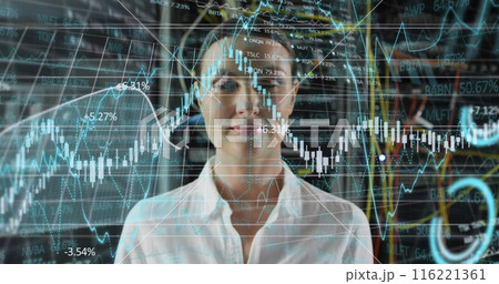 Image of financial data processing over caucasian businesswoman in server room 116221361