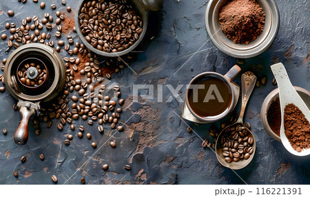 The image showcases a variety of coffee beans and coffee products arranged on a dark. The image showcases a variety of coffee beans and coffee products arranged on a dark. 116221391