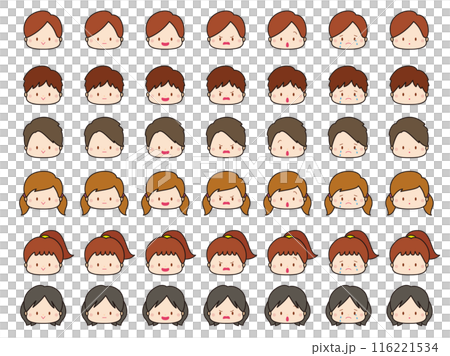 幼兒、男性和女性面部表情圖示集，帶有彩線 116221534