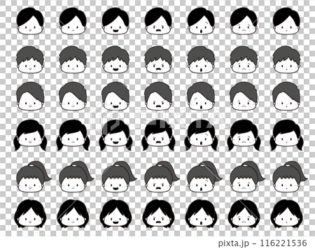Young children, male and female facial expression icon set, monochrome 116221536