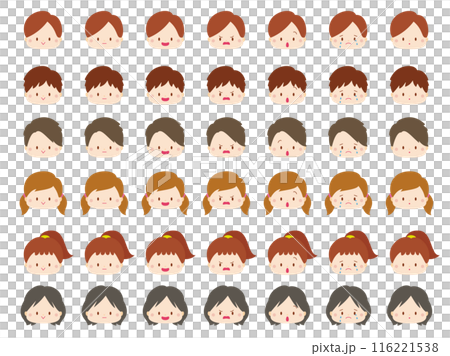 幼兒，男性和女性臉部表情圖示集，沒有色線 116221538