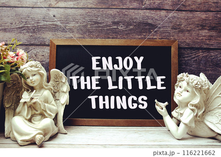 Inspirational quote Enjoy the Little Things text message written on chalkboard background 116221662