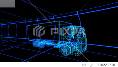 Image of digital lorry on black background, copy space 116221716