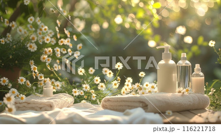 Spa cosmetics composition featuring white bottles, towels and chamomile flowers 116221718