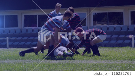 Image of glowing lights over diverse rugby players in sports stadium 116221765