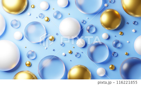 水色背景に透明と金と白の丸いガラス。俯瞰。3D(横長) 水色背景に透明と金と白の丸いガラス。俯瞰。3D(横長) 116221855