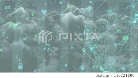 Image of icons and connections over sky with clouds, copy space 116221890