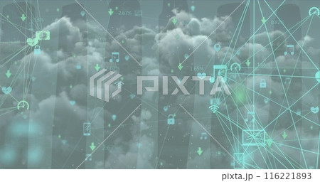 Image of icons and connections over sky with clouds, copy space Image of icons and connections over sky with clouds, copy space 116221893