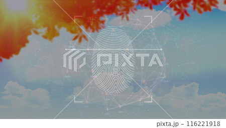 Image of connections over fingerprint scanning over sky and foliage, copy space 116221918