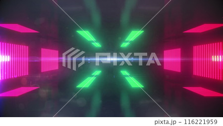 Image of green dots over neon lights in black space 116221959