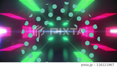 Image of green dots over neon lights in black space 116221967
