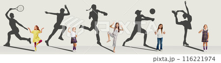 Conceptual collage. Petty little girls and shadows of different sport athletes isolated on white background. Future in sport 116221974