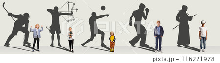 Conceptual collage. Little boys, children visualizing the future of famous athletes. in shadows of people showing different spots, white background 116221978